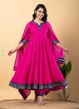 Pink Rayon Gota Patti Lace Work Anarkali Suit