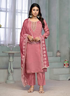 Pink Rayon Hand Embroidered Straight Pant Suit With Beautiful Printed Dupatta