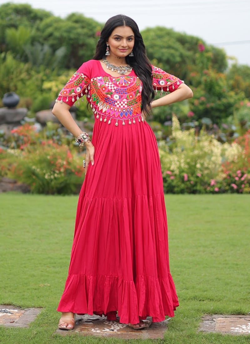 Pink Rayon Kutch Gamthi Work Anarkali Gown
