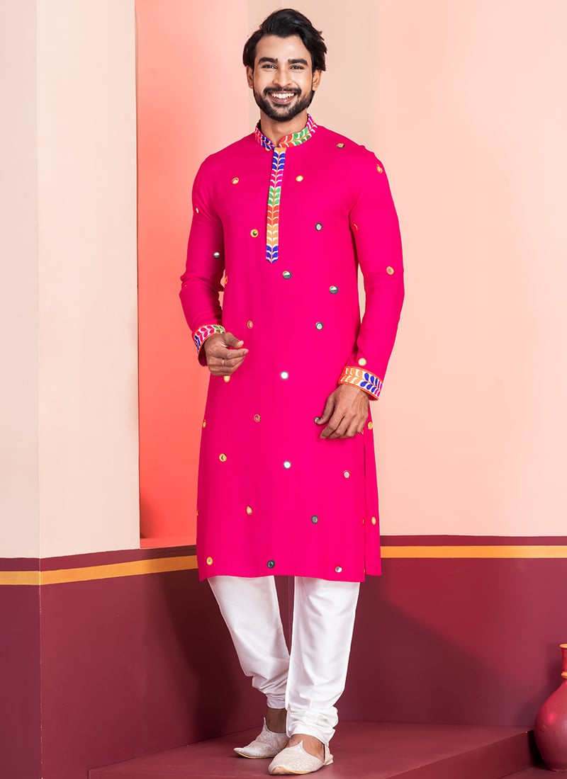 Pink Rayon Kutch Work Kurta Pyjama Festive Wear