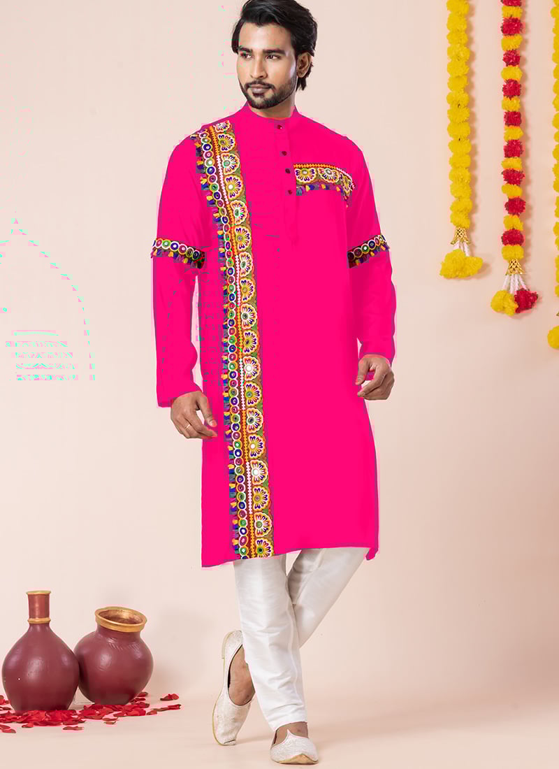 Pink Rayon Kutch Work Kurta Pyjama Festive Wear