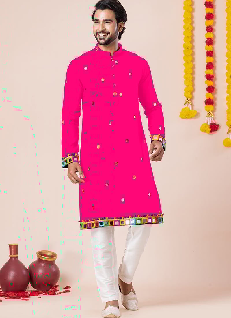 Pink Rayon Kutch Work Kurta Pyjama Festive Wear