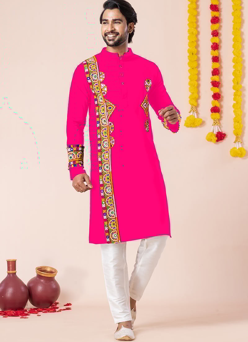Pink Rayon Kutch Work Kurta Pyjama Festive Wear