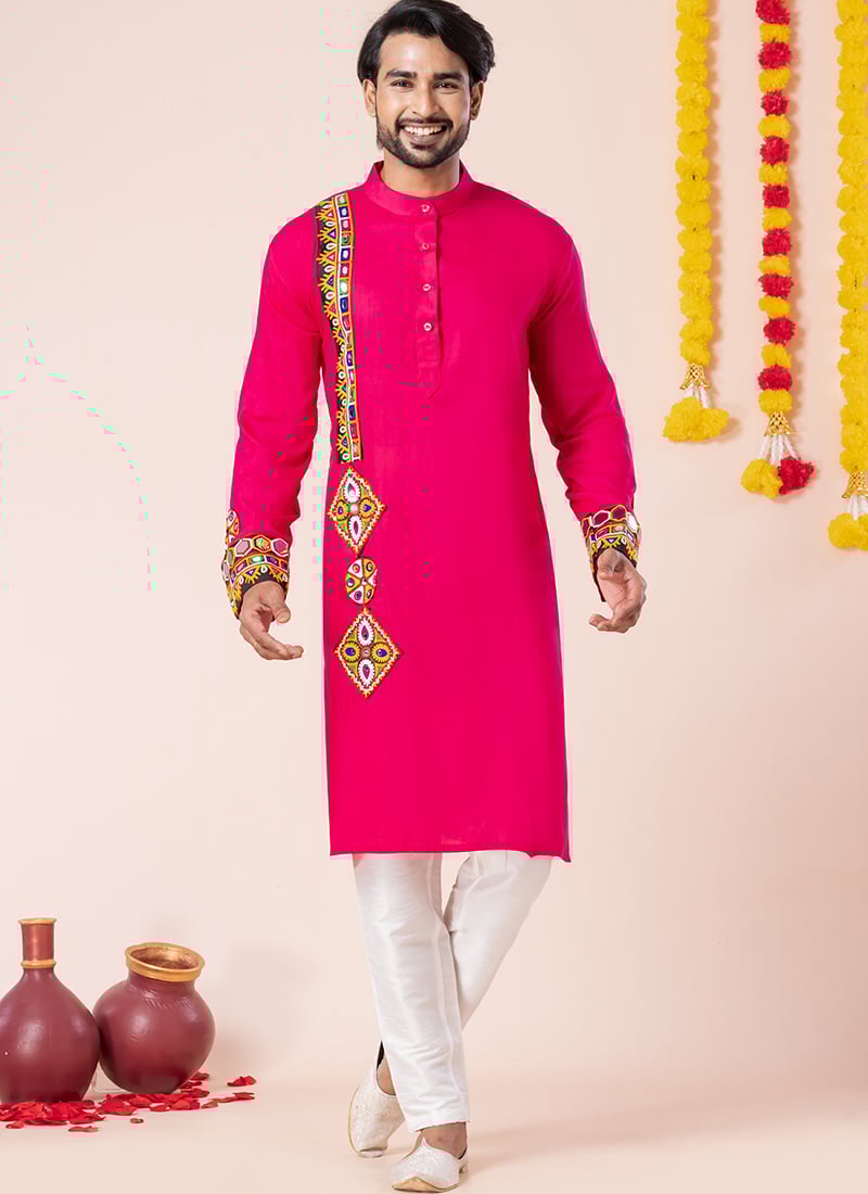 Pink Rayon Kutch Work Kurta Pyjama Festive Wear