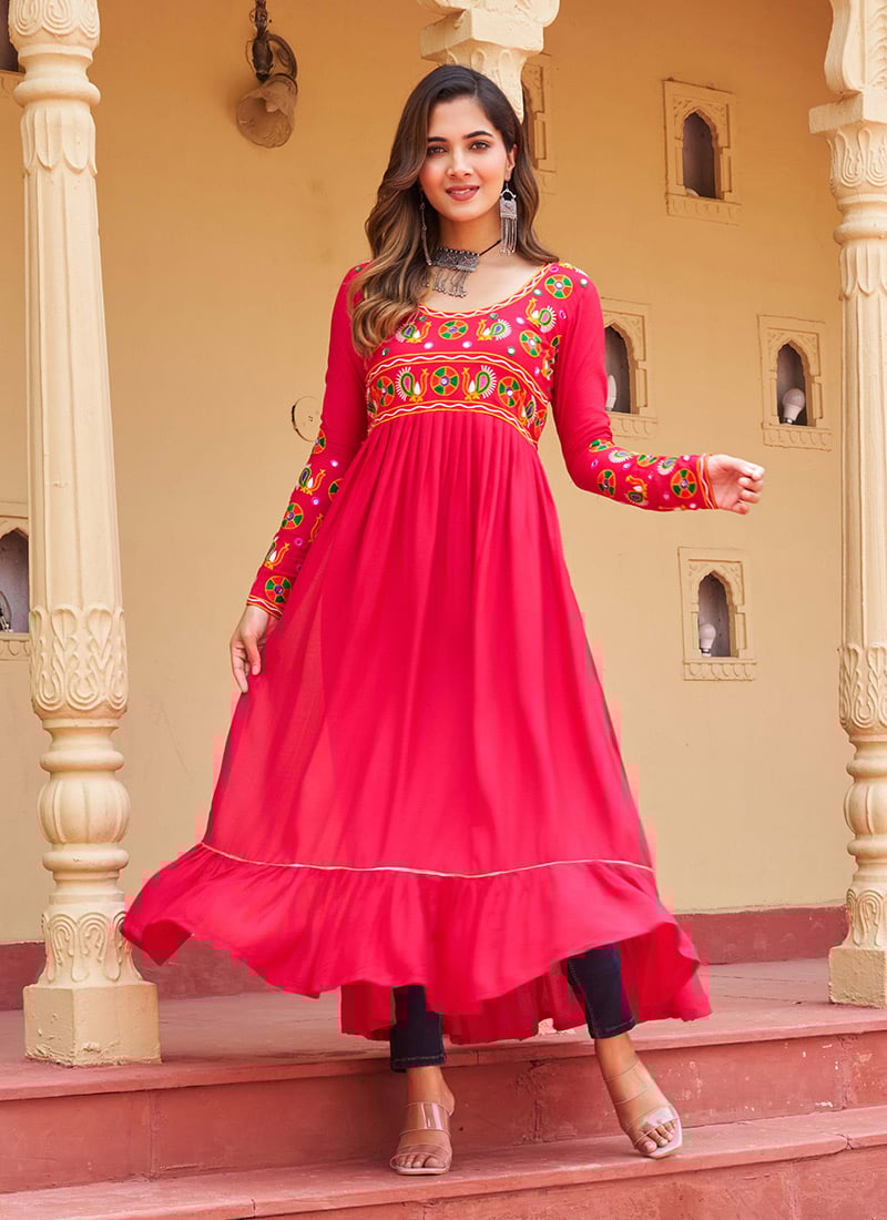 Pink Rayon Mirror Work Kutch Work Tunic After Six Wear