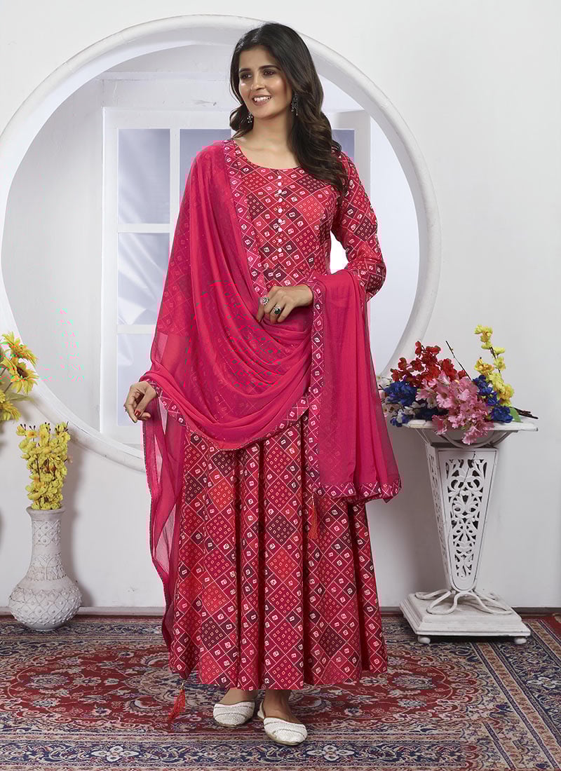 Pink Rayon Printed Dressy Anarkali Gown With Nazmin Dupatta After Six Wear