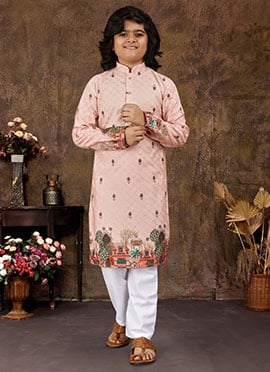 Pink Rayon Printed Embroidered Sequins Kids Boys Kurta Pyjama
