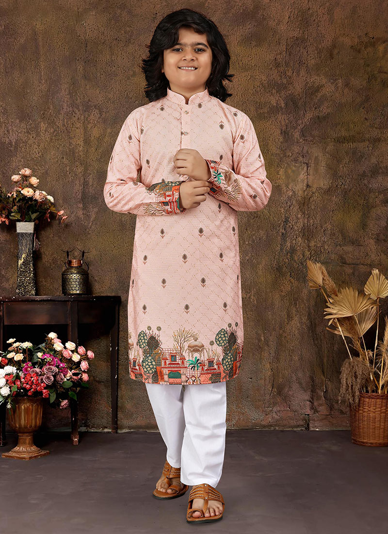 Pink Rayon Printed Embroidered Sequins Kids Boys Kurta Pyjama Festive Wear