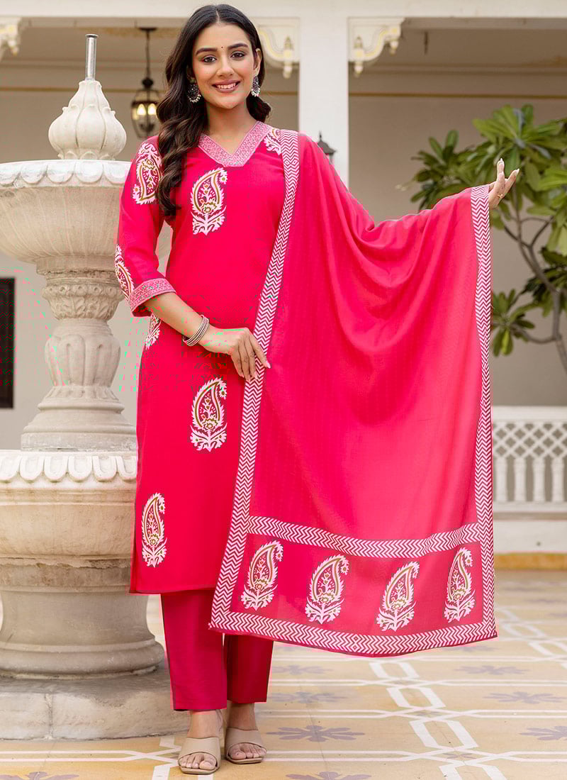 Pink Rayon Printed Straight Pant Set Festive Wear