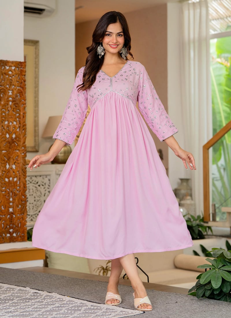 Pink Rayon Sequin Anarkali Kurti After Six Wear