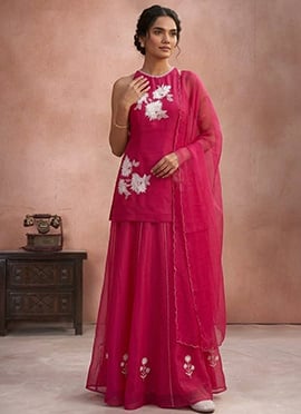 Pink Resham Embroidered Organza Palazzo Suit