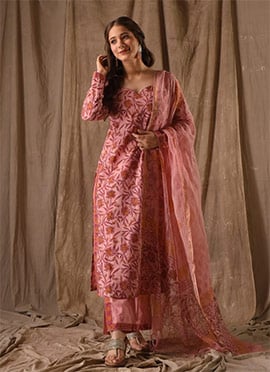 Pink Roman Linen Slub Printed Straight Pant Suit