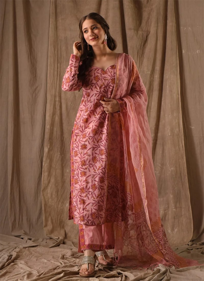 Pink Roman Linen Slub Printed Straight Pant Suit After Six Wear