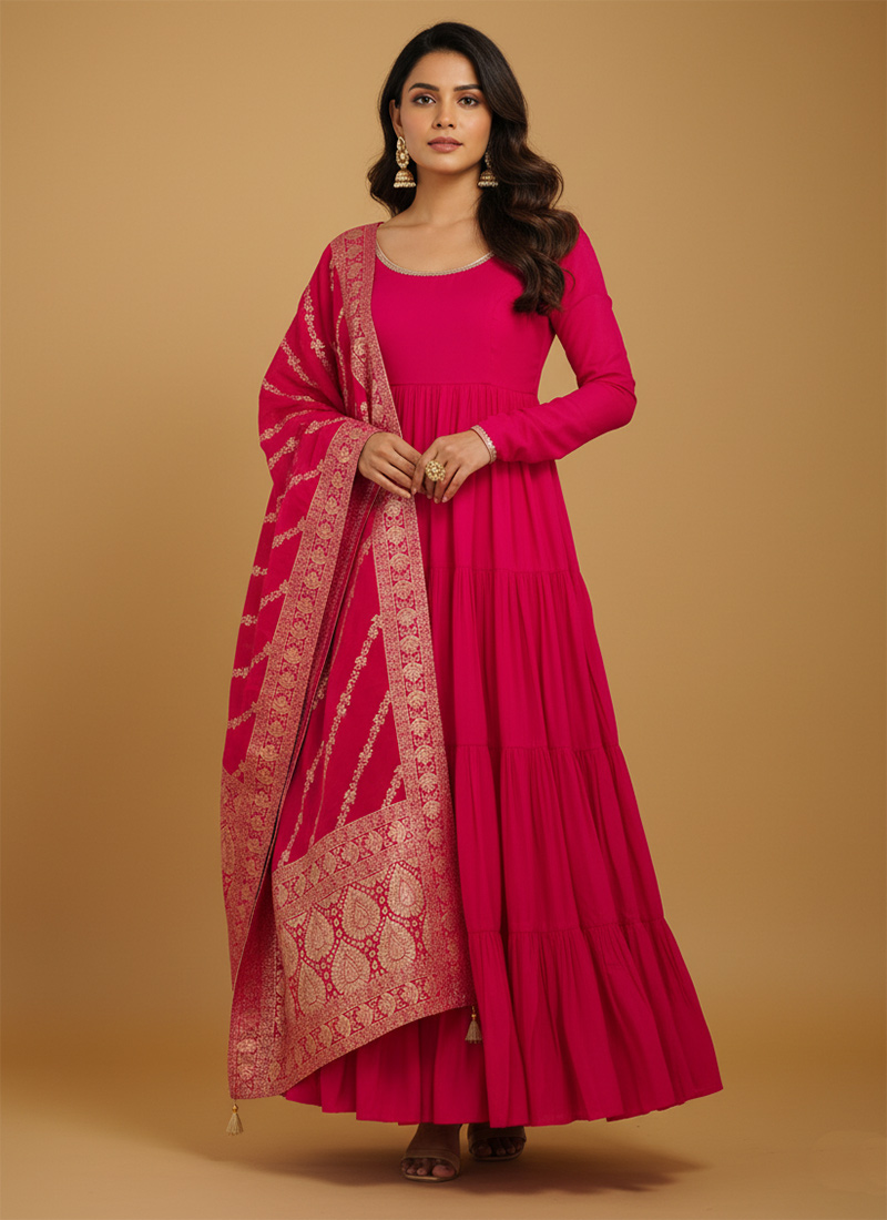 Pink Roman Silk Chanderi Jacquard Anarkali Suit Festive Wear