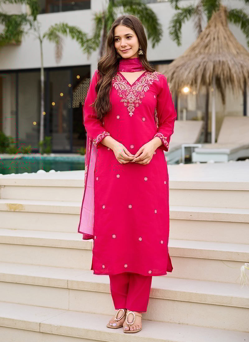 Pink Roman Silk Embroidered Digital Print Beads Straight Pant Suit Festive Wear