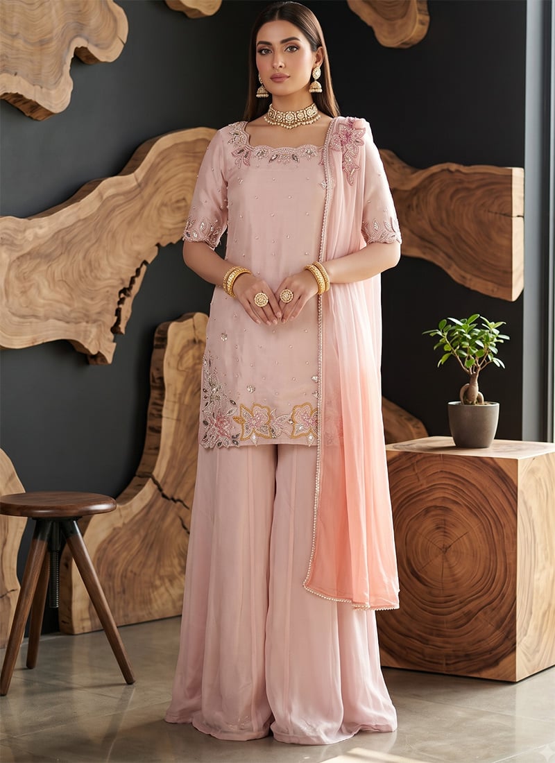 Pink Roman Silk Embroidered Palazzo Suit Festive Wear