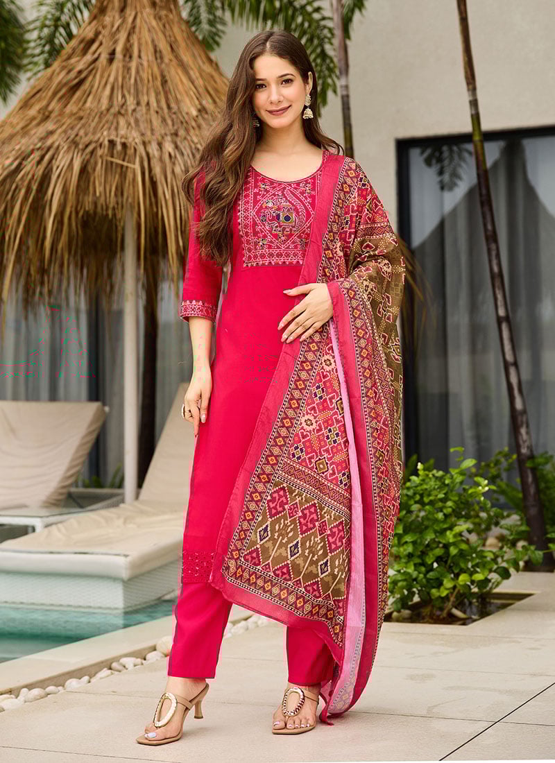 Pink Roman Silk Embroidered Printed Straight Pant Suit Festive Wear