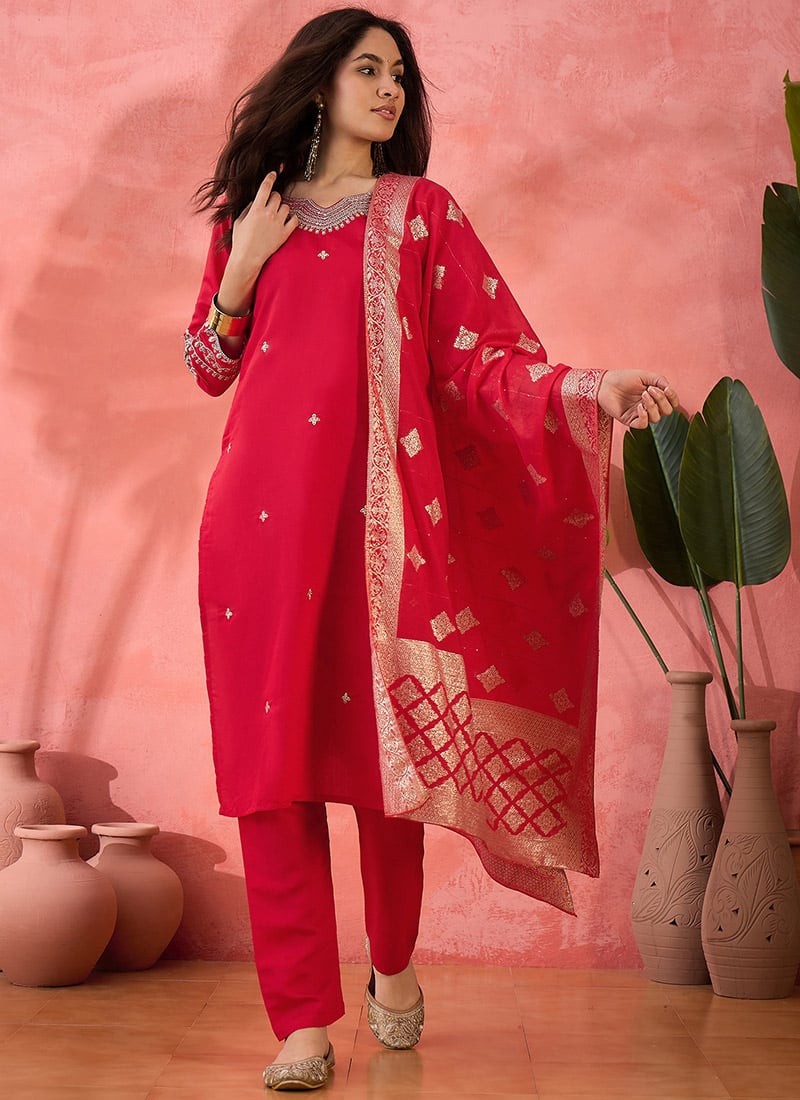 Pink Roman Silk Embroidered Straight Pant Suit With Jacquard Dupatta Festive Wear