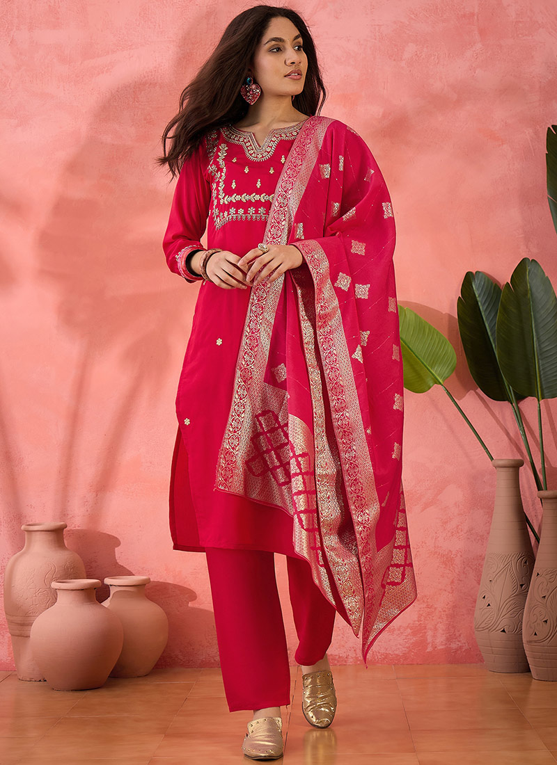 Pink Roman Silk Embroidered Straight Pant Suit With Jacquard Dupatta Festive Wear