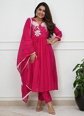 Pink Roman Silk Embroidered Thread Anarkali Suit
