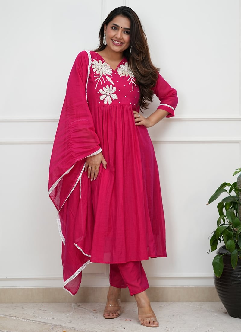 Pink Roman Silk Embroidered Thread Anarkali Suit Festive Wear