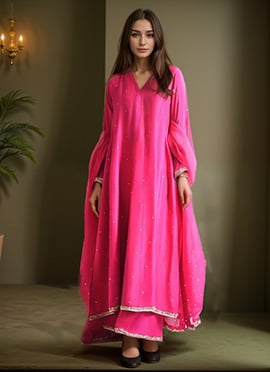 Pink Roman Silk Lace Work Stunning Anarkali Suit