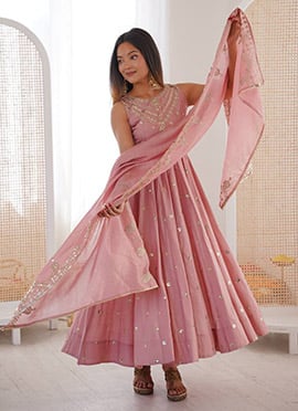 Pink Roman Silk Sequins Embroidered Anarkali Suit