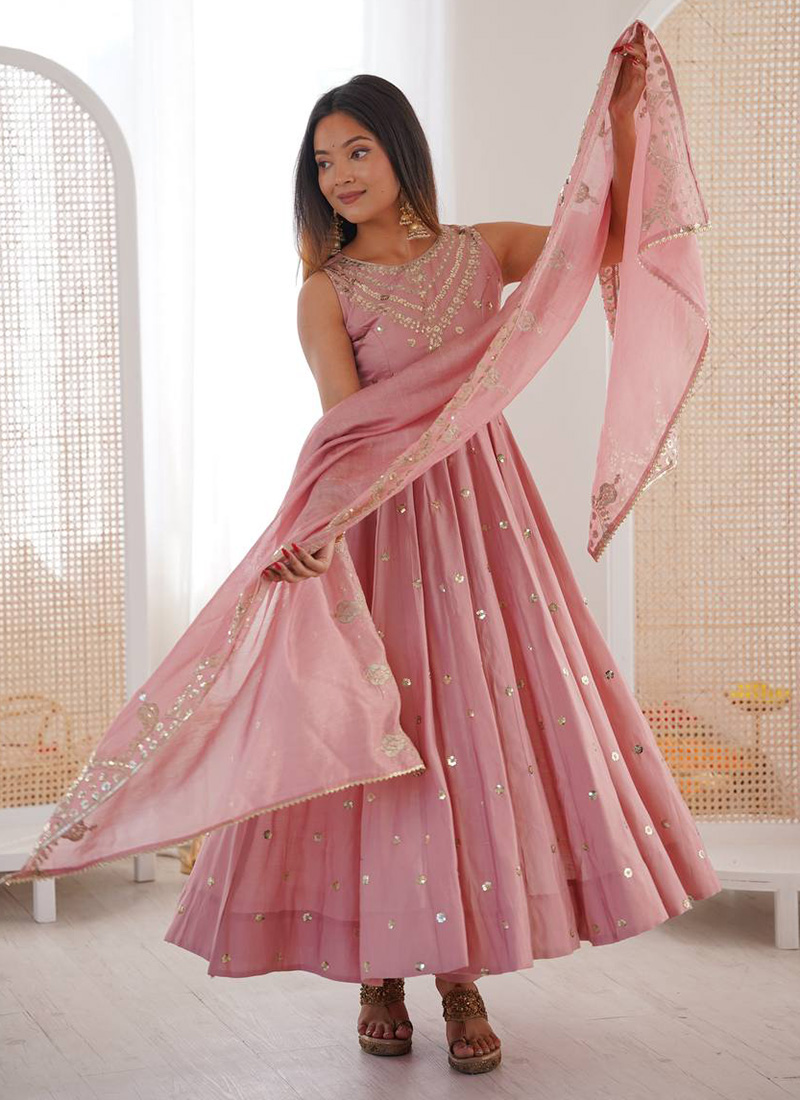 Pink Roman Silk Sequins Embroidered Anarkali Suit Festive Wear