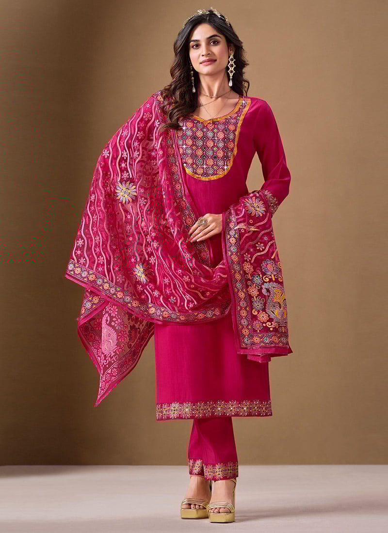 Pink Roman Silk Straight Pant Suit With Mirror Work After Six Wear