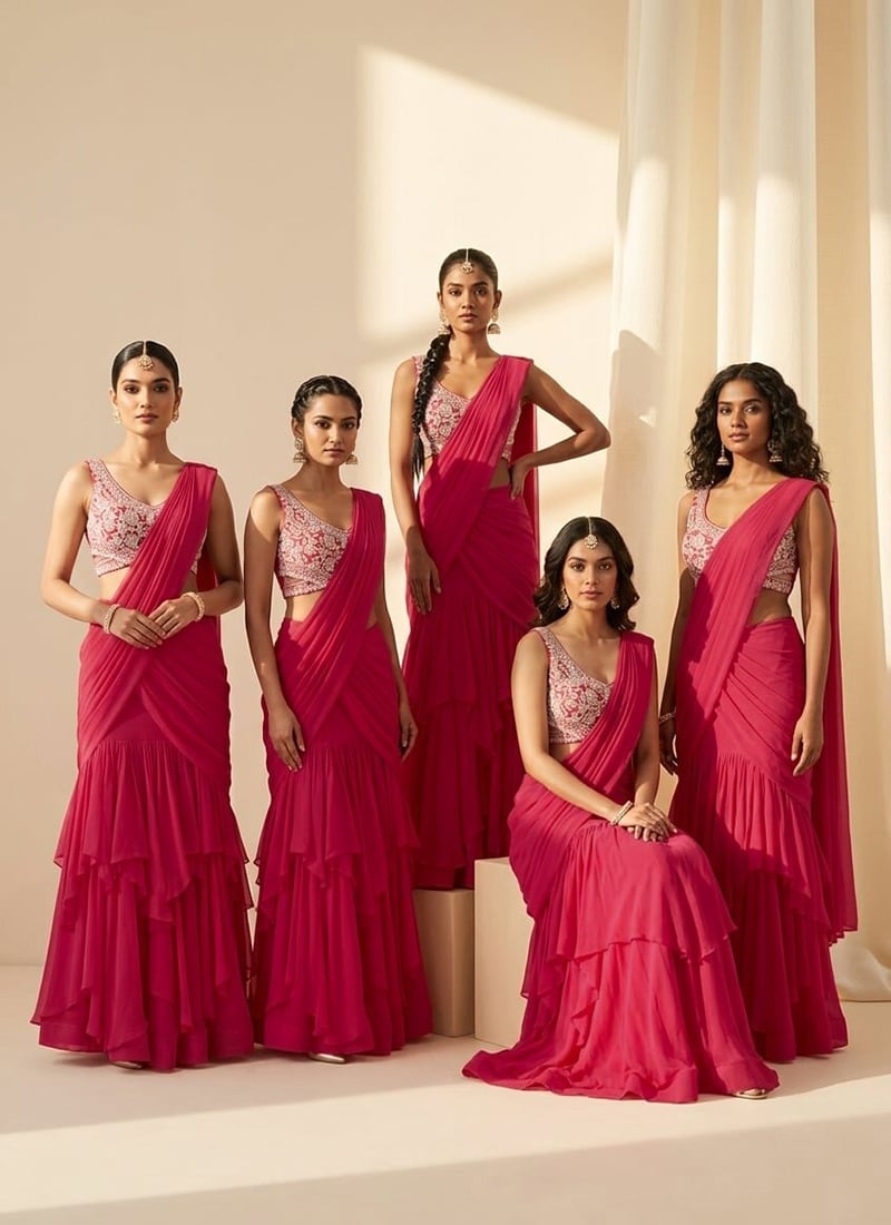 Pink Ruffle Lehenga Saree with Bead Embroidered Saree After Six Wear