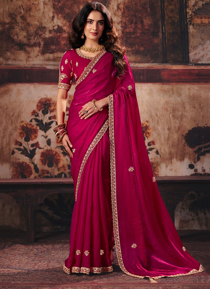 Pink Satin Blend Zari Sequins Beads Embroidered Saree After Six Wear
