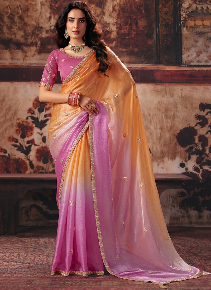 Pink Satin Blend Zari Sequins Beads Embroidered Saree After Six Wear
