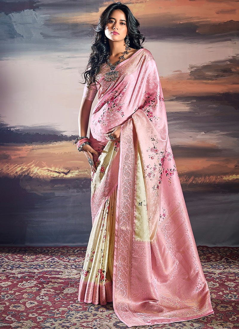 Pink Satin Digital Print Jacquard Beautiful Saree Festive Wear