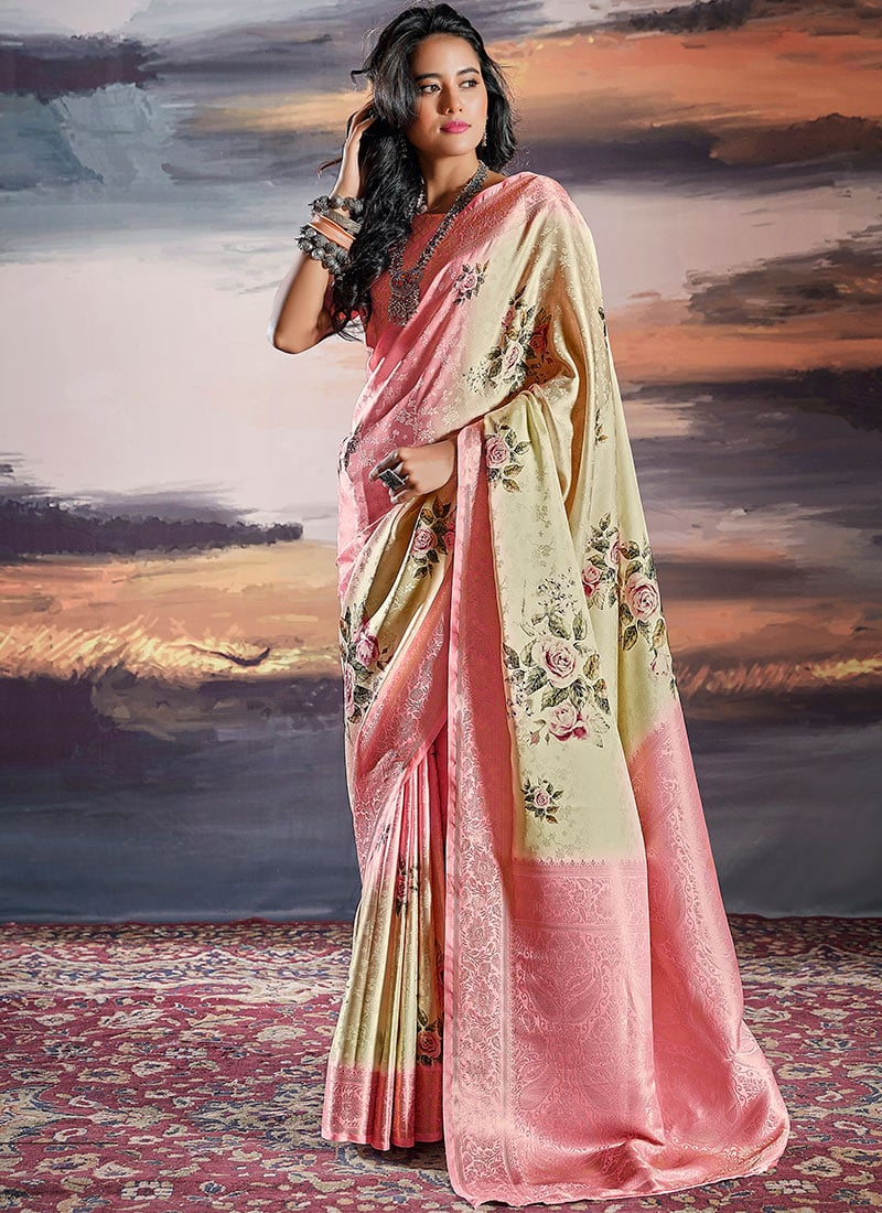 Pink Satin Digital Print Jacquard Regal Saree