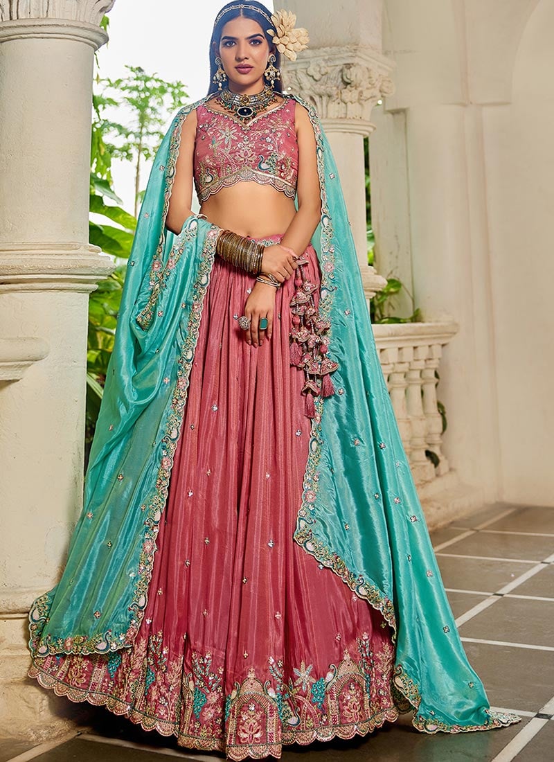 Pink Satin Embroidered Sequins Lehenga Wedding Wear