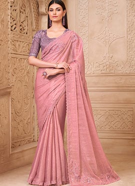 Pink Satin Embroidered Sequins Saree