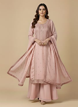 Pink Satin Georgette Zari Sequins Palazzo Suit