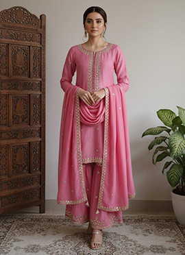 Pink Satin Georgette Zari Sequins Palazzo Suit