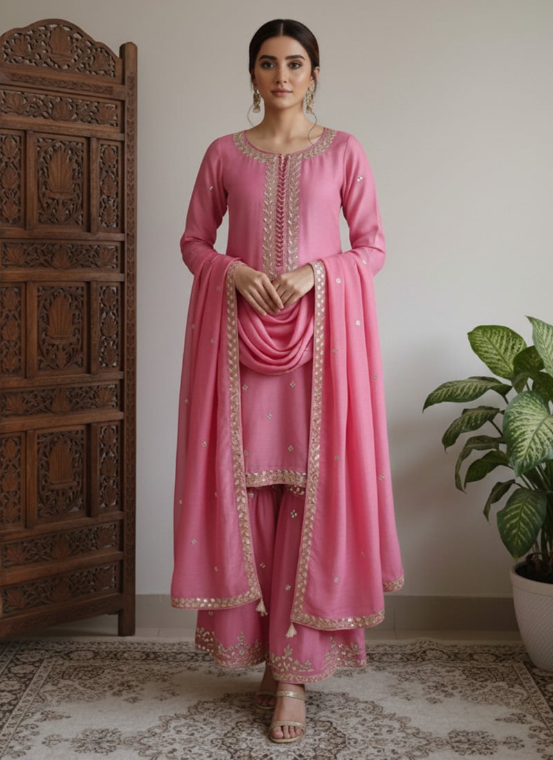 Pink Satin Georgette Zari Sequins Palazzo Suit Festive Wear