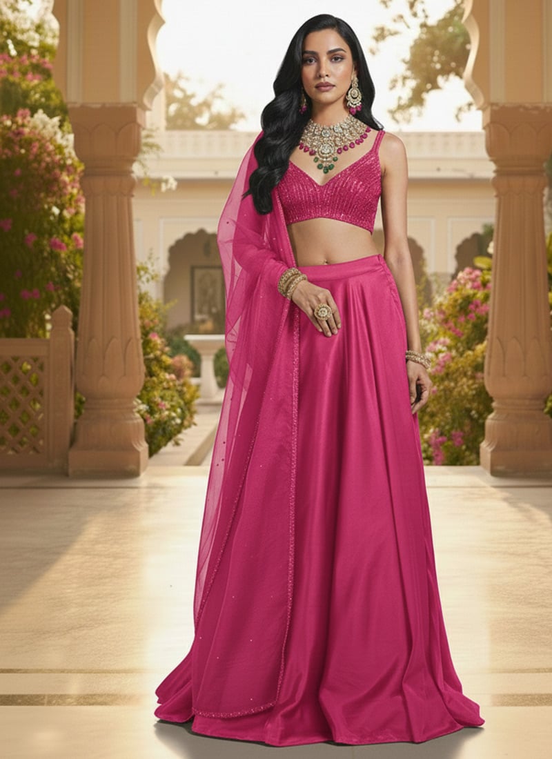 Pink Satin Hand Embroidered Sequins Lehenga Wedding Wear