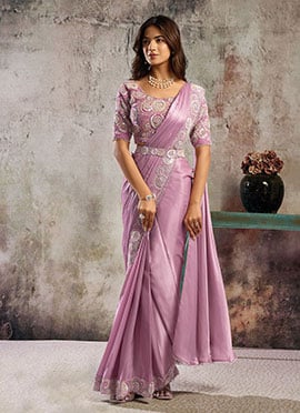 Pink Satin Hand Embroidered Sequins With Beads Work Pre Draped Saree