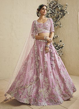 Pink Satin Sequins Embroidered Umbrella Lehenga Wedding Wear