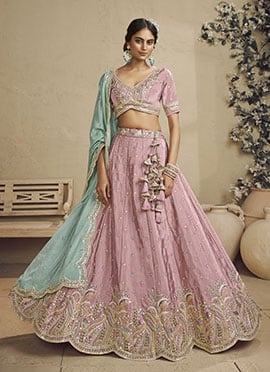 Pink Satin Sequins Embroidered Umbrella Lehenga Wedding Wear