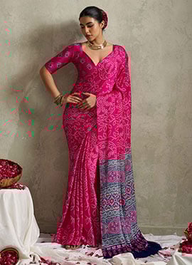 Pink Satin Silk Bandhini Print Saree