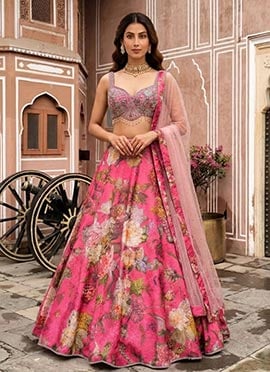 Pink Satin Silk Cutdana Stone Beads Embroidered Digital Print Lehenga