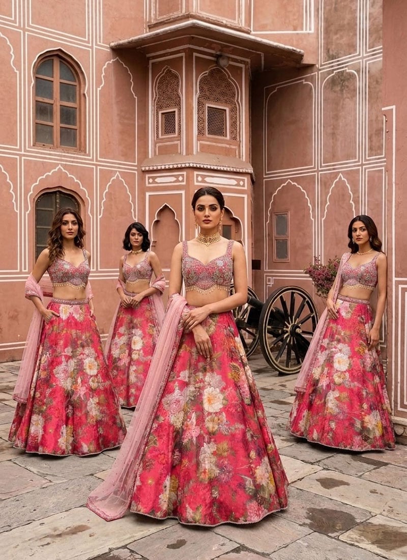 Pink Satin Silk Cutdana Stone Beads Embroidered Digital Print Lehenga Wedding Wear