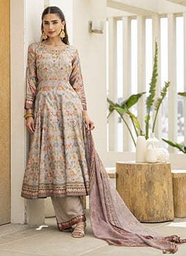 Pink Satin Silk Digital Foil Print Hand Embroidered Anarkali Suit