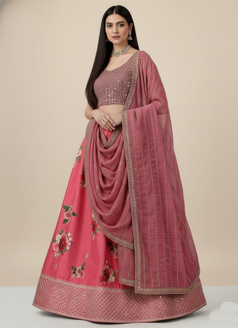 Pink Satin Silk Digital Print Embroidered Sequins Lehenga