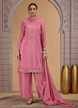 Pink Satin Silk Embroidered Sequins Beads Thread Cutdana Palazzo Suit Festive Wear