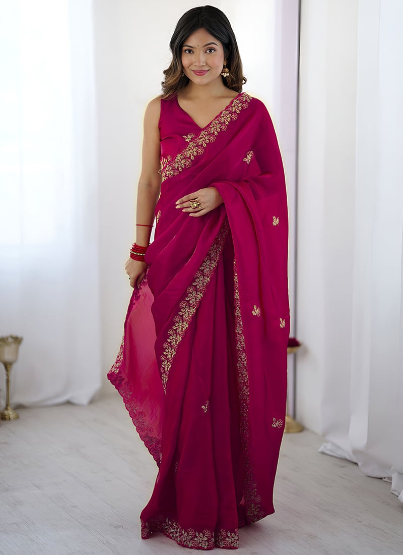 Pink Satin Silk Embroidered Sequins Saree Festive Wear